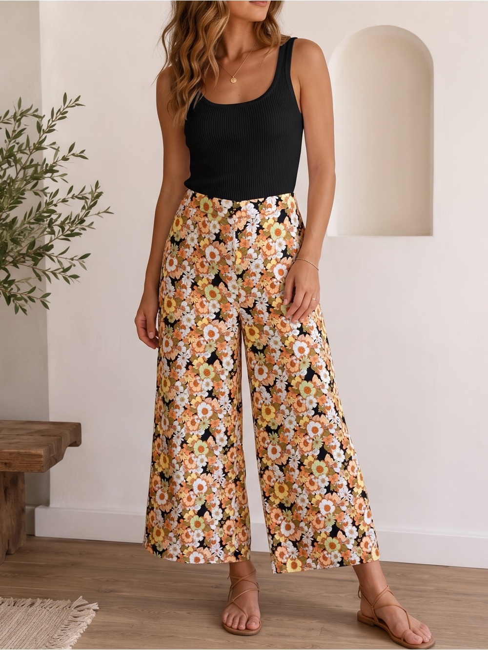 HAVER & BLAIR Floral Linen Cropped Wide Leg Pants